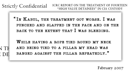  "In Kabul, the treatment got worse. I was punched and slapped in the face and on the back to the extent that I was bleeding. While having a rope tied round my neck and being tied to a pillar my head was banged against the pillar repeatedly."