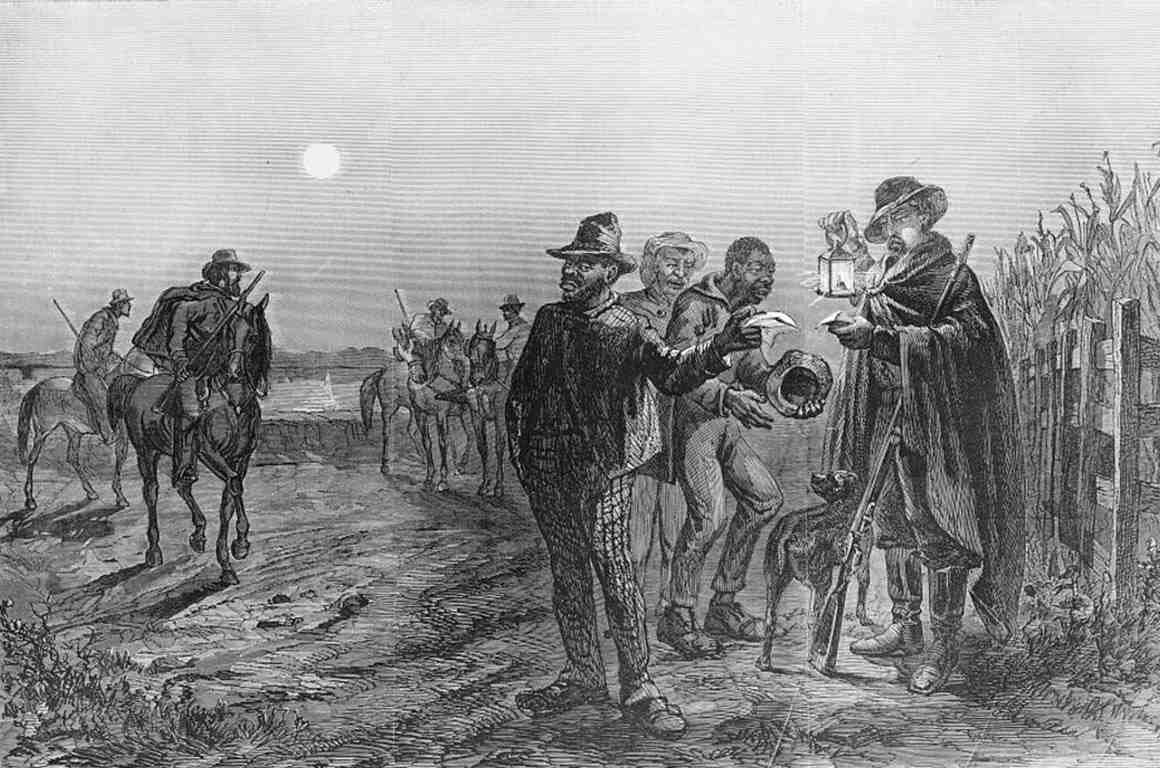Illustration showing a guard with a lantern checking the passes of African-American men traveling on a levee road at night.