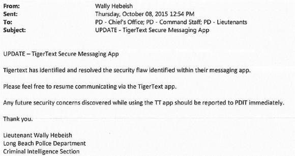 Internal Long Beach Police Department email regarding Tiger Text