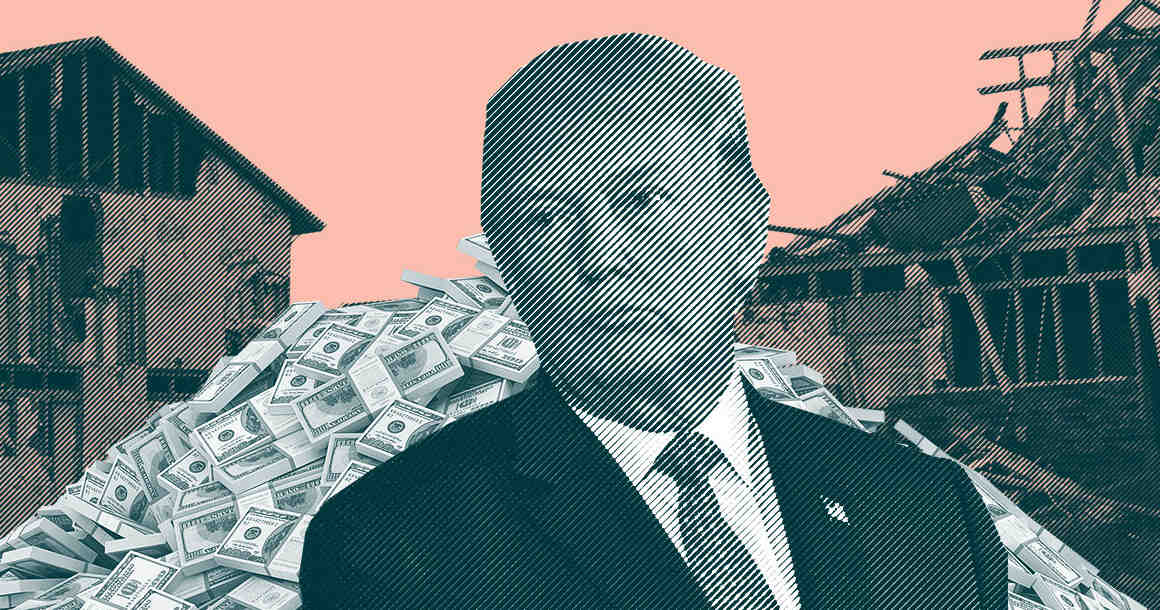 Trump in front of pile of cash and destroyed buildings