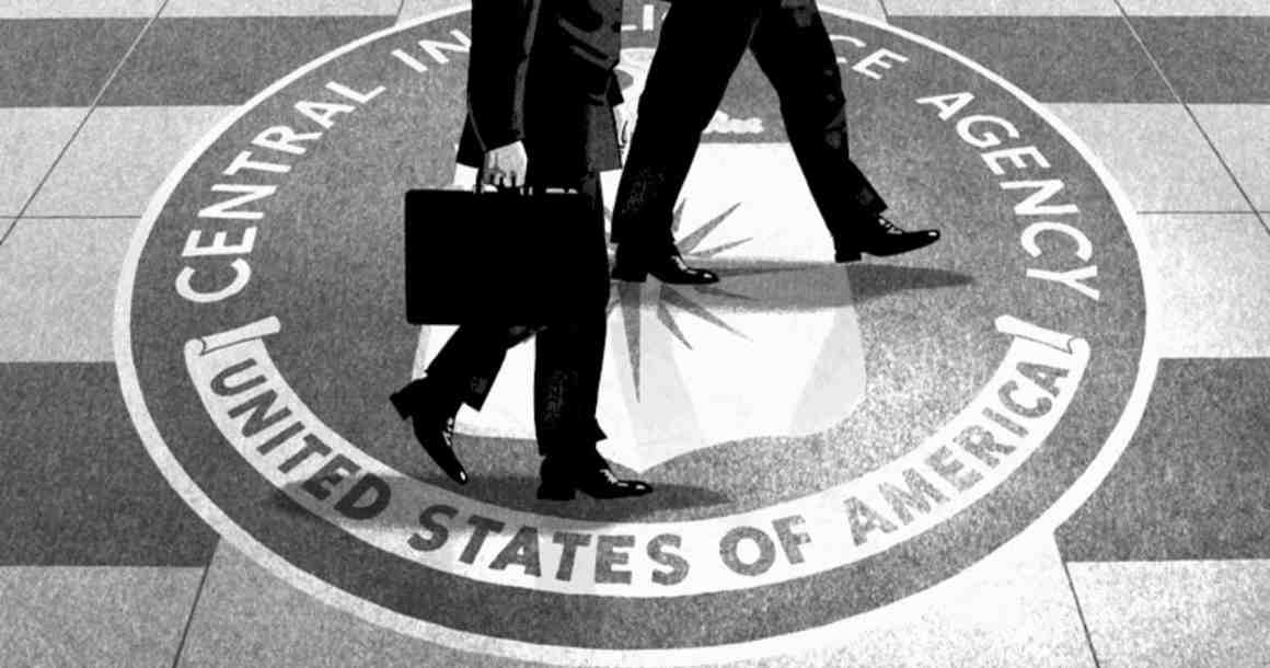 CIA agents walking across floor with CIA seal