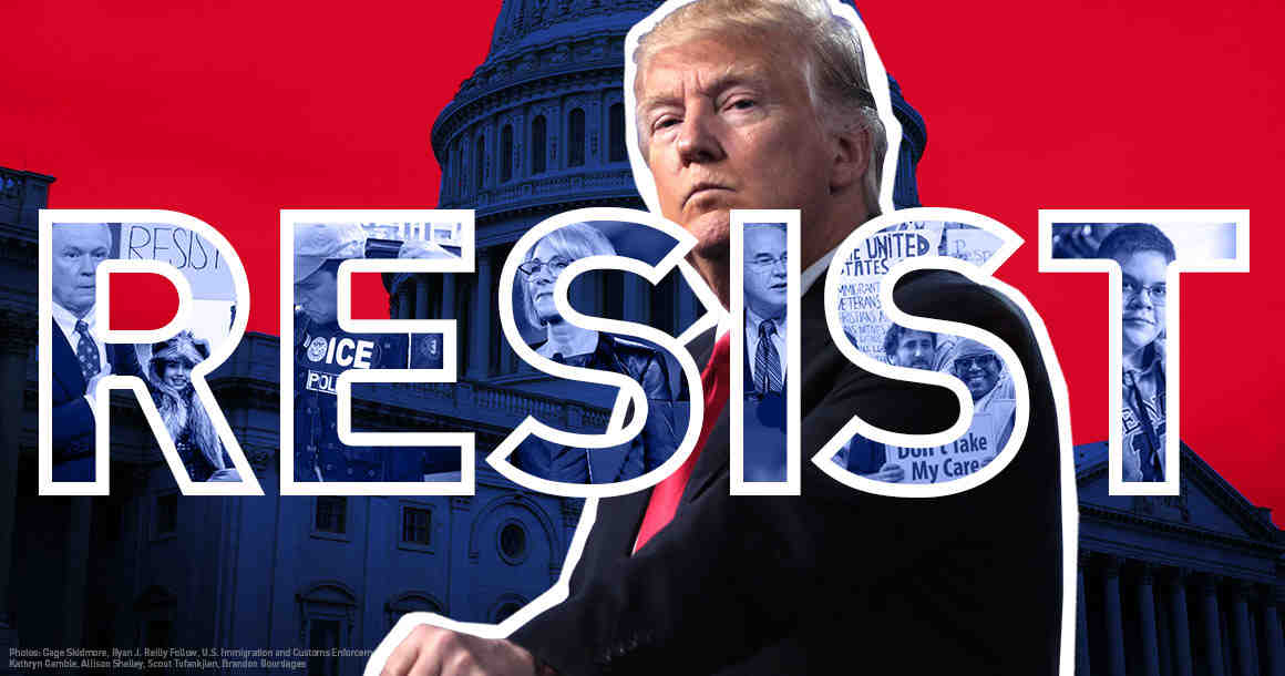"Resist" over an image of Donald Trump and the Capitol building
