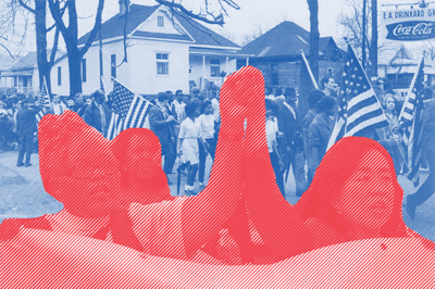 Collage of civil rights movement and two women marching in current day rally