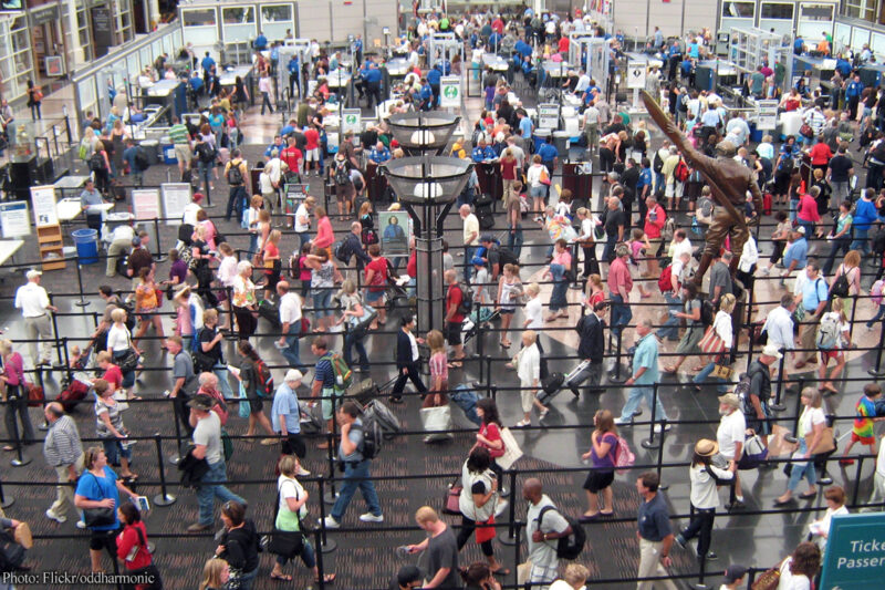 Crowded aiport line seen from above