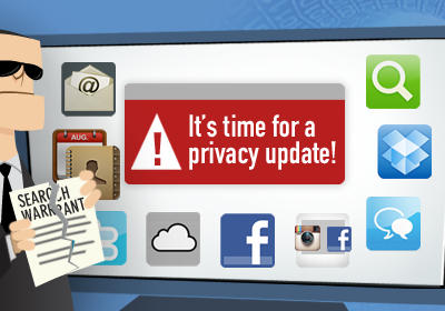 A cartoon of a screen with many app logos, and the words "It's time for a privacy update!"