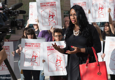 Monica Jones at a press conference