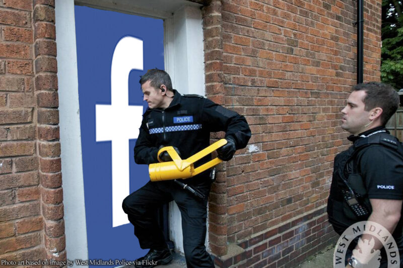 Police battering in a door with Facebook logo