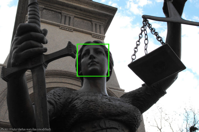 Statue of Lady Justice with green box around her face