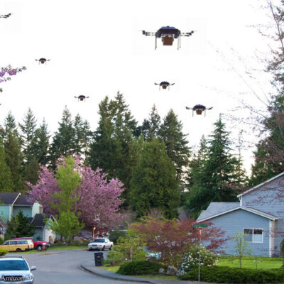 Neighborhood street with drones filling sky