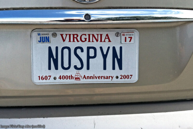 Virginia license plate that says "no spying"