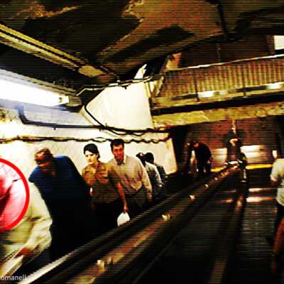 Man being profiled on escalator