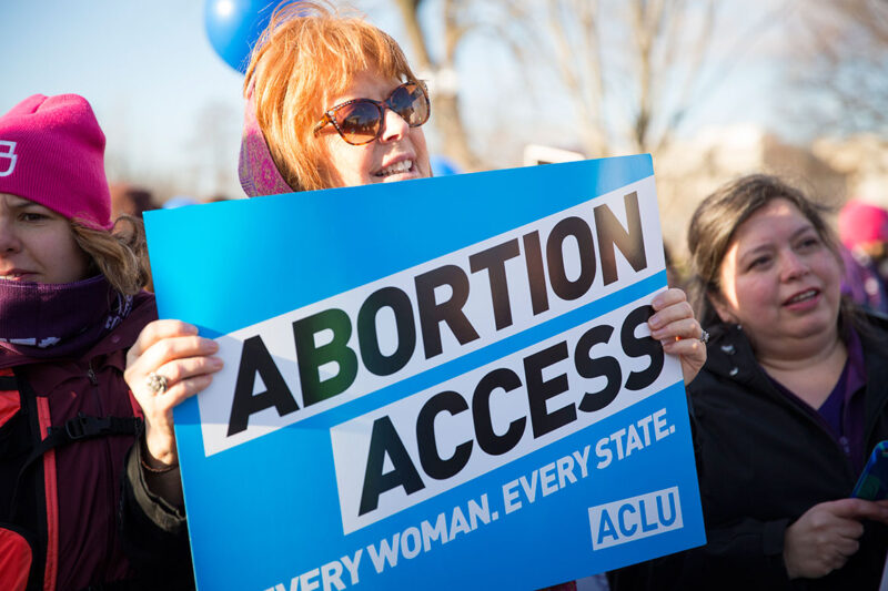 Woman holding "Abortion Access" poster at rally