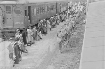 Persons of Japanese ancestry arrive at the Santa Anita Assembly center from San Pedro, California.