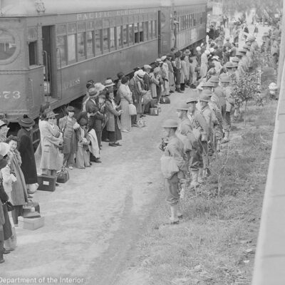 Persons of Japanese ancestry arrive at the Santa Anita Assembly center from San Pedro, California.