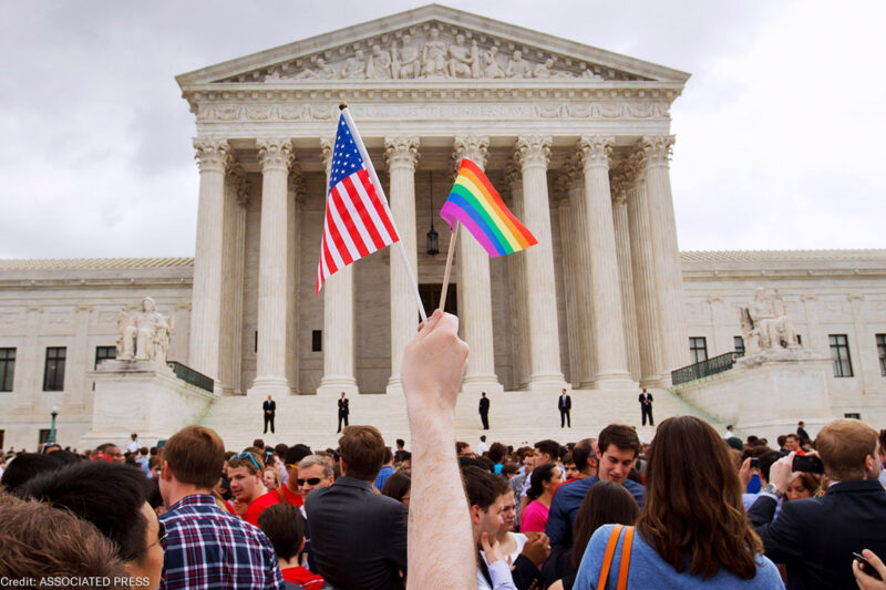 A crowd celebrates outside of the Supreme Court in Washington after the court declared that same-sex couples have a right to marry anywhere in the U.S.