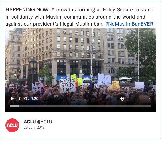 HAPPENING NOW: A crowd is forming at Foley Square to stand in solidarity with Muslim communities around the world and against our president’s illegal Muslim ban. #NoMuslimBanEVER