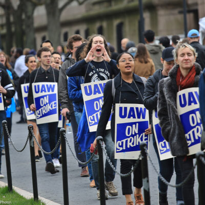 Striking teaching assistants protest on the campus of Columbia University in New York.