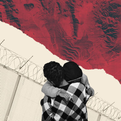 A collage of a black-and-white image of two people hugging, overlaying a beige and red background with a barbed wire gate behind the people. This image depicts the difficulties of family separation policies that have come from the Trump administration.