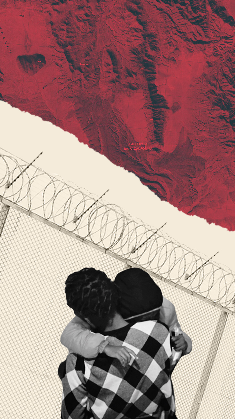 A collage of a black-and-white image of two people hugging, overlaying a beige and red background with a barbed wire gate behind the people. This image depicts the difficulties of family separation policies that have come from the Trump administration.