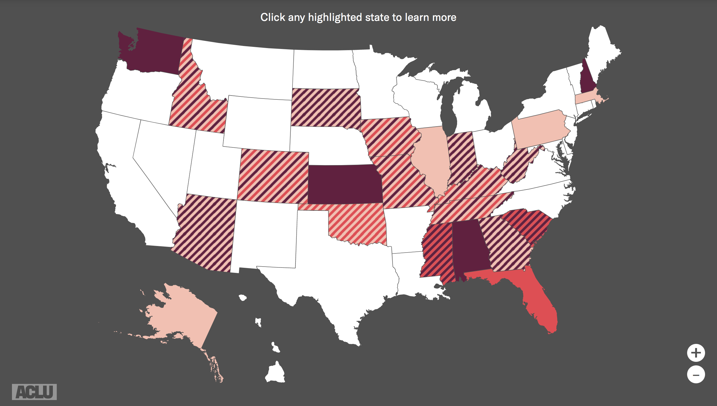 Screenshot of a map created by the ACLU that highlights states in which anti-trans bills are currently pending (and in some cases, have passed) through state legislatures.