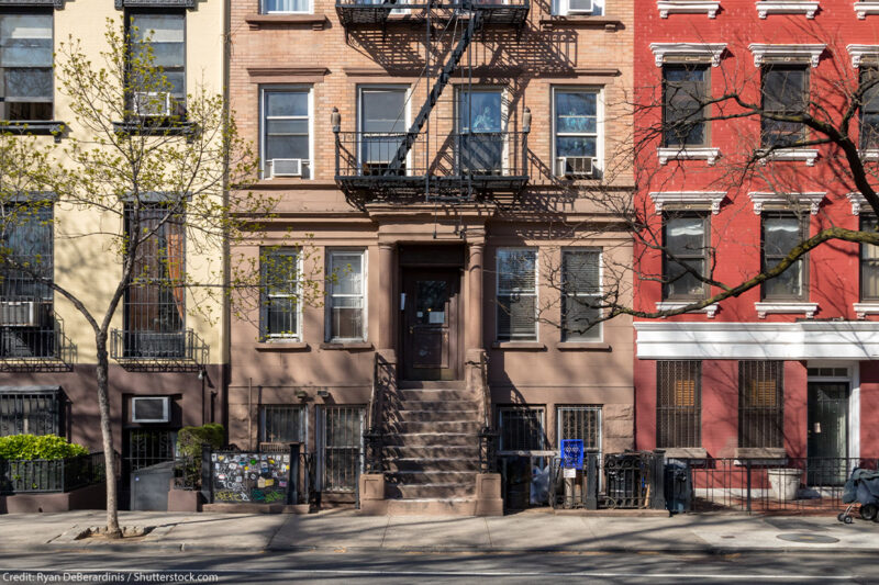 Colorful old buildings on 10th Street in the East Village of Manhattan in New York City.