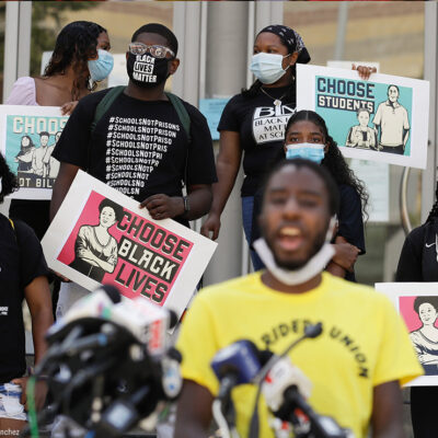 Parents, students, and teachers holding a press conference to call for a safe, fully funded, and racially just approach to reopening of Los Angeles schools.