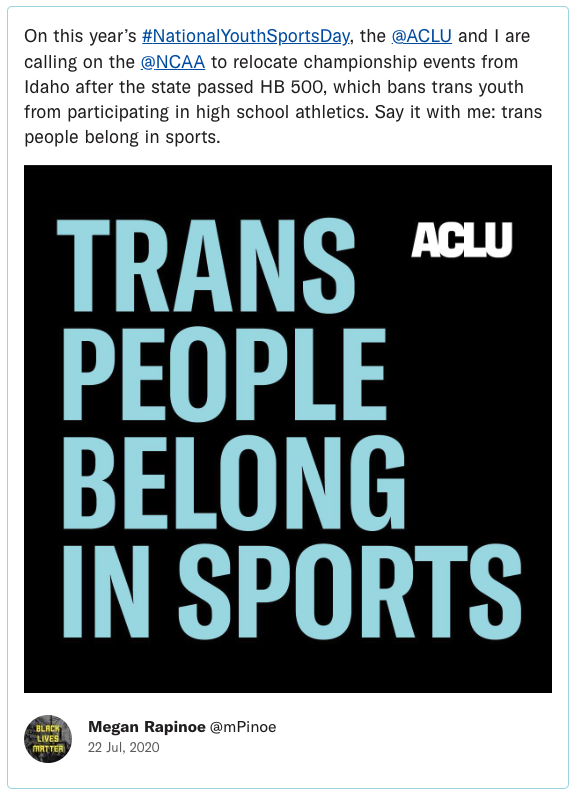 On this year’s #NationalYouthSportsDay, the @ACLU and I are calling on the @NCAA to relocate championship events from Idaho after the state passed HB 500, which bans trans youth from participating in high school athletics. Say it with me: trans people belong in sports.