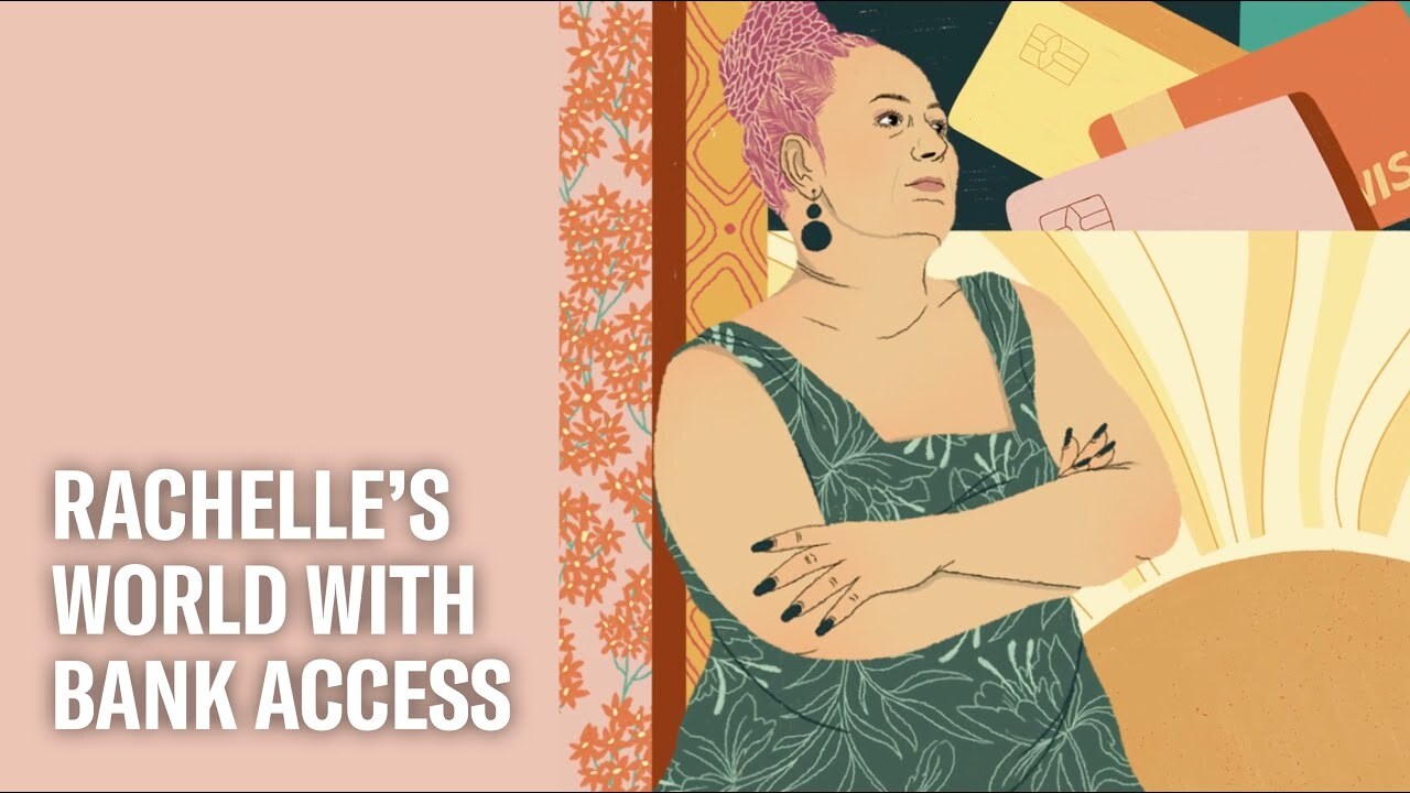 Animation of a narrative piece sharing Rachelle's story about successful postal banking