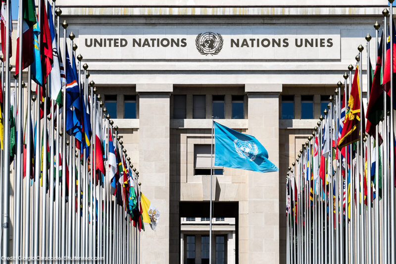 National flags at the entrance of the UN office in Geneva, Switzerland.