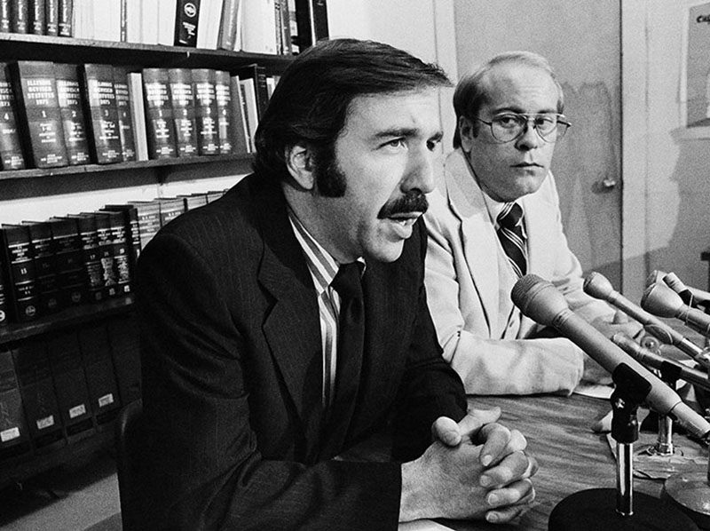 ACLU legal director David Goldberger, left, appears at a Chicago Press conference with ACLU Executive Director David M. Hamlin. Both men were happy with the court’s decision to allow Frank Collin and his Nazi group to hold a rally in Chicago’s Marquette Park.