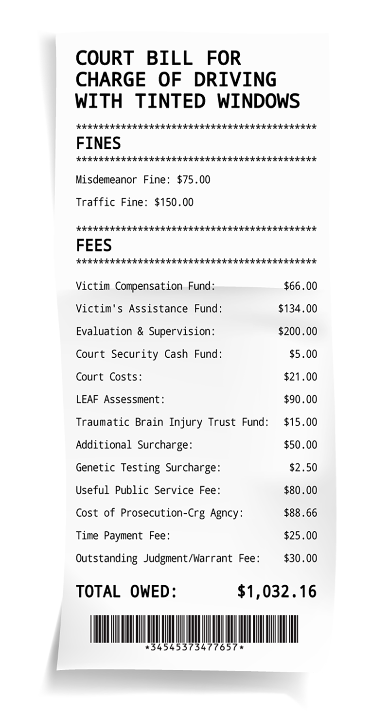 A receipt for a court bill for the charge of driving with tinted windows.