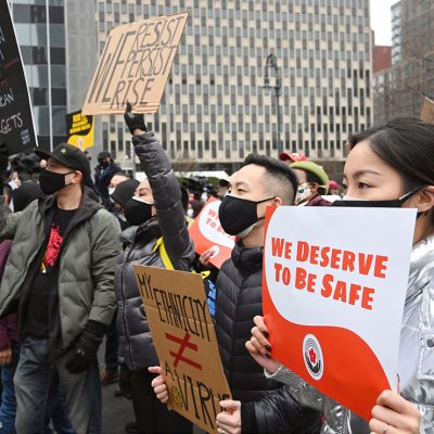 Demonstrators protesting anti-Asian racism.