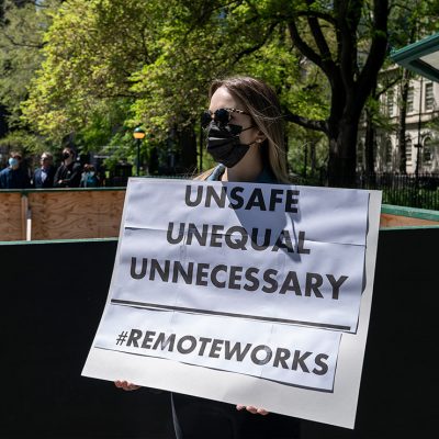 Municipal workers union gather on City Hall in New York for May Day protest against returning to offices.