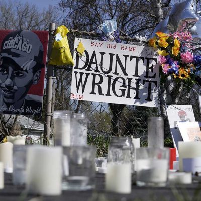 A makeshift memorial for Daunte Wright in front of Brooklyn Center