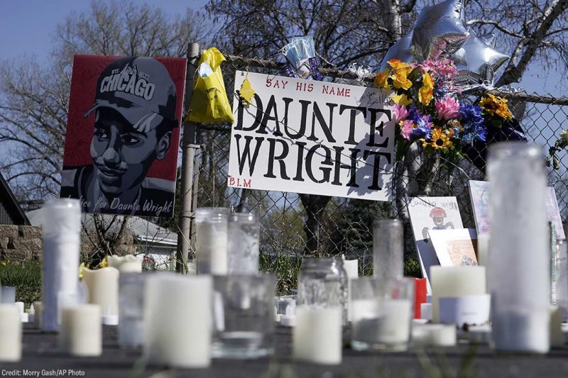 A makeshift memorial for Daunte Wright in front of Brooklyn Center