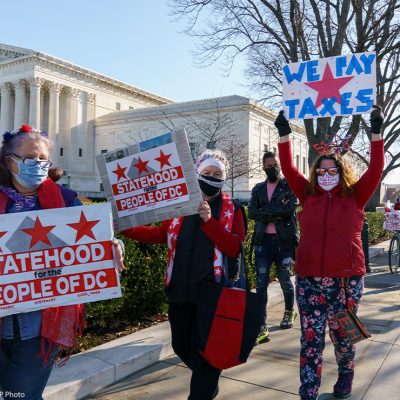 Advocates for statehood for the District of Columbia rally near the Supreme Court and Capitol prior to a House of Representatives hearing on creating a fifty-first state, in Washington, Monday, March 22, 2021.