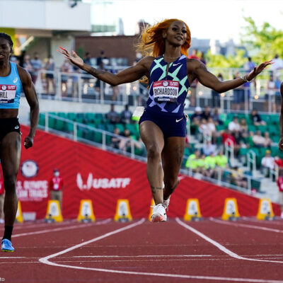 Sha'Carri Richardson celebrates after winning during fourth heat at Olympics 2021