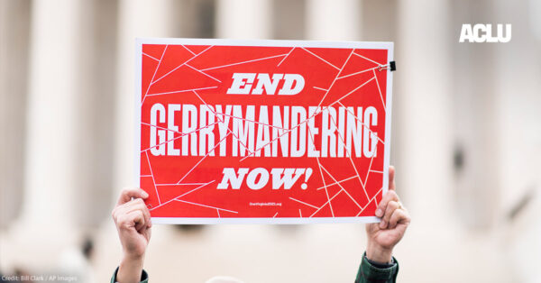 Gerrymandering activists gather on the steps of the Supreme Court as the court prepares to hear the the Benisek v. Lamone case on Wednesday, March 28, 2018.