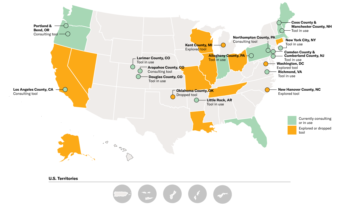 Map of the U.S. states and territories indicating jurisdictions in at least half of U.S. states have considered using predictive analytics in child welfare decisions.