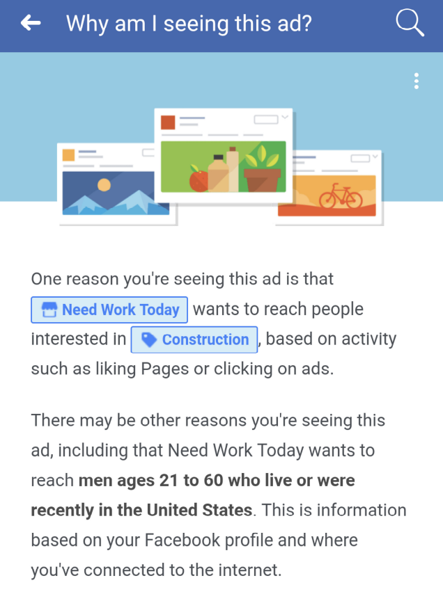 A Facebook explanation for “why am I seeing this ad?” containing biases.