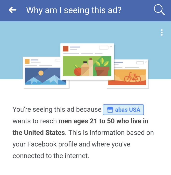 A Facebook explanation for “why am I seeing this ad?” containing biases.