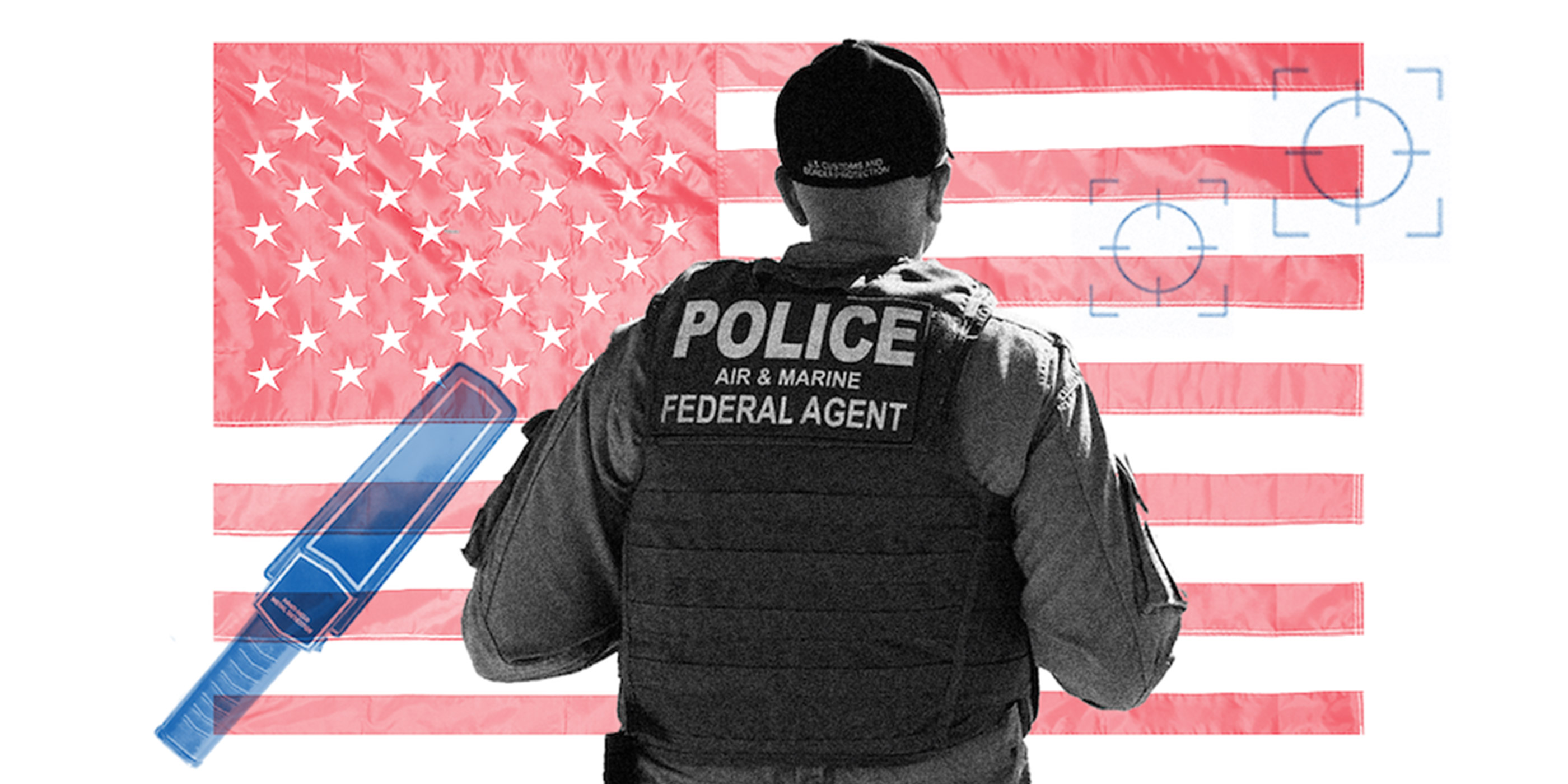 The back of a federal agent against an American flag.