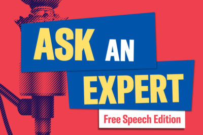 Red background with a mic and "Ask the Expert: Free Speech Edition" words in blue and yellow