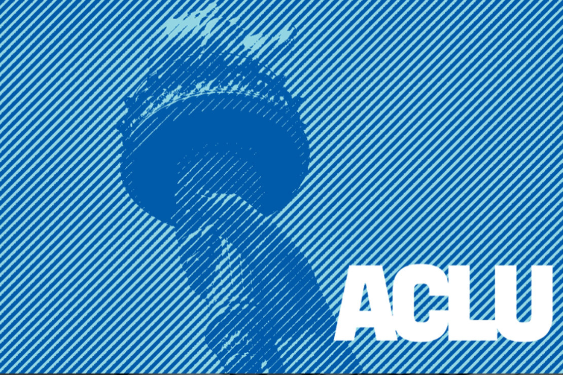 ACLU logo and Statue of Liberty torch in blue overlay