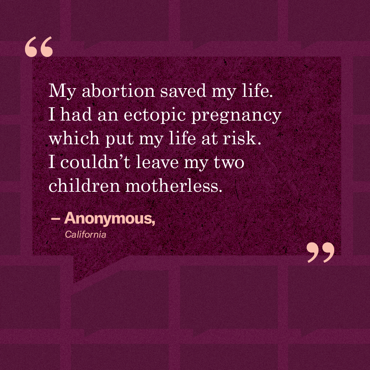 “My abortion saved my life. I had an ectopic pregnancy which put my life at risk. I couldn’t leave my two children motherless.” – Anonymous, California