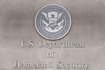 U.S, Department of Homeland Security logo on a federal building.
