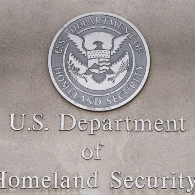 U.S, Department of Homeland Security logo on a federal building.