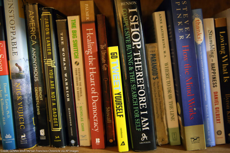 A bookshelf full of books.