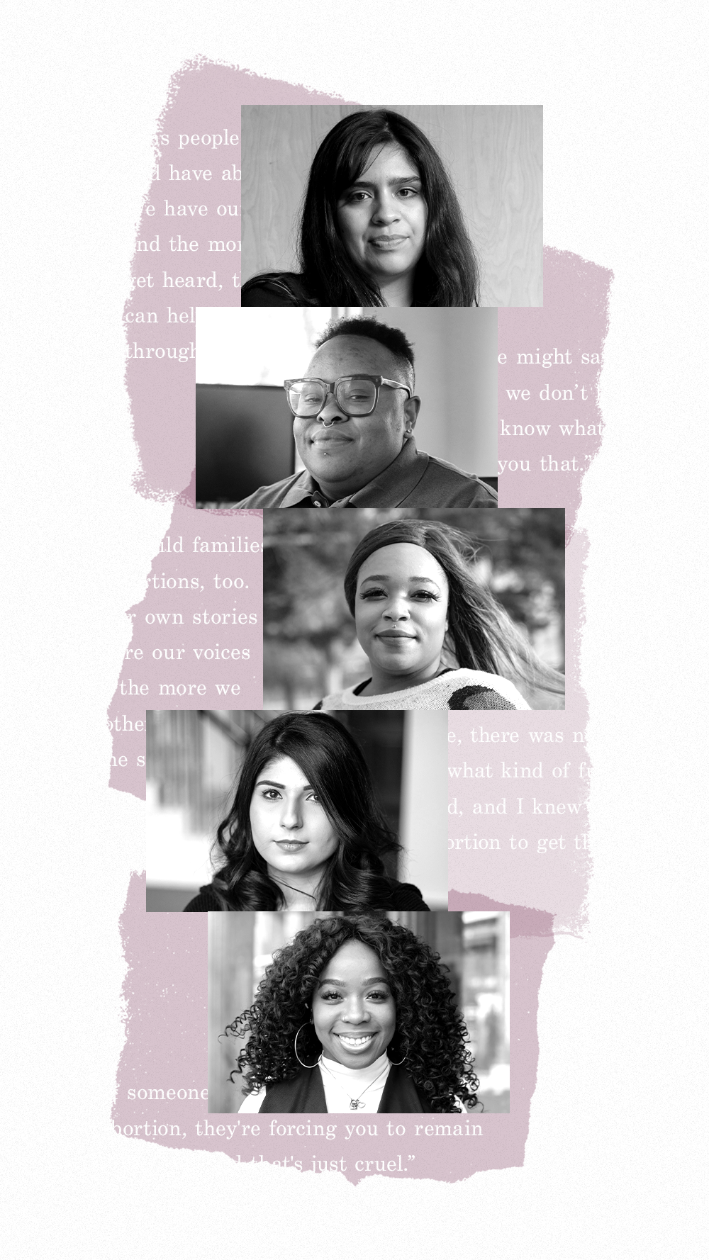 A collage of portraits of the five storytellers: Angel Kai, Veronika Granado, Cazembe Jackson, Briana McLennon, and Maleeha Aziz