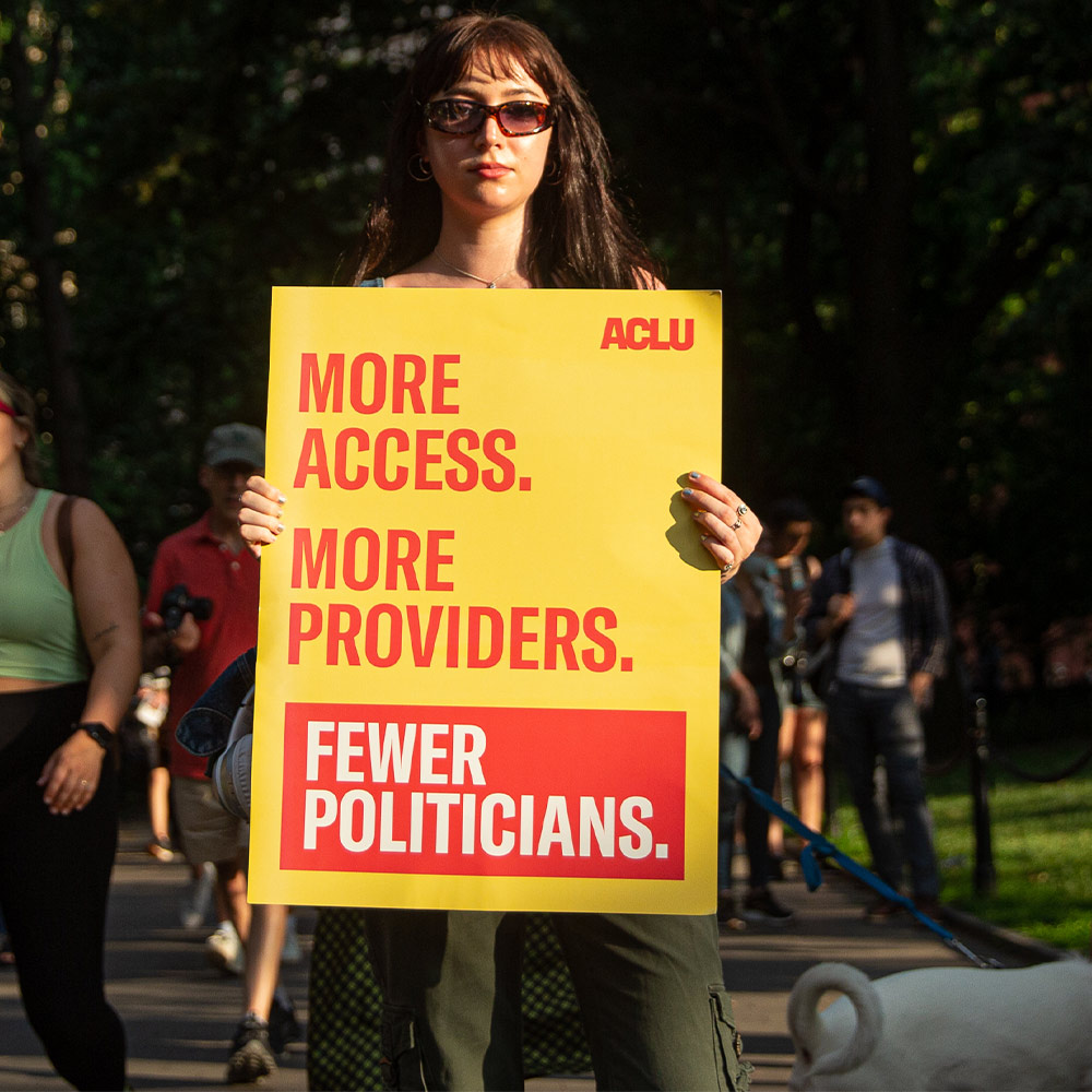 One of the thousands of demonstrators that showed up to protest the overturning of Roe v. Wade on June 24, 2022, in New York City.